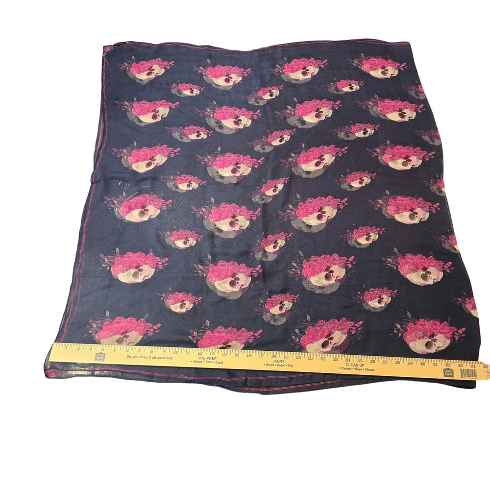 Navy Blue Skull and Pink Rose‎ Floral Print Lightweight Scarf Gothic Accessory